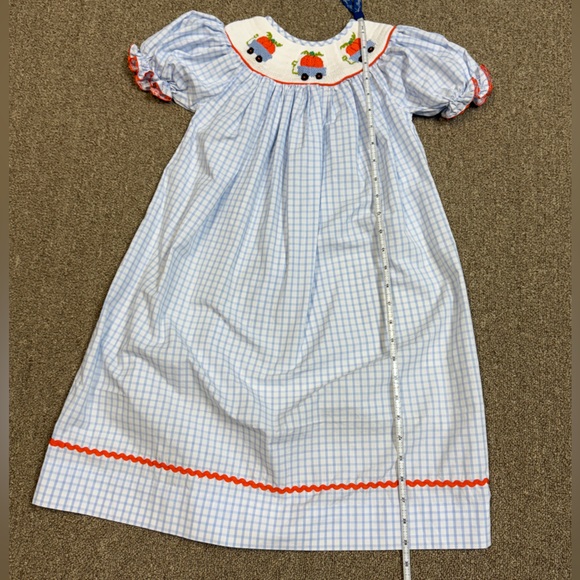 Babeeni: Girls Blue Checkered Smocked Pumpkin Bishop Dress, Size 5T - Picture 6 of 12